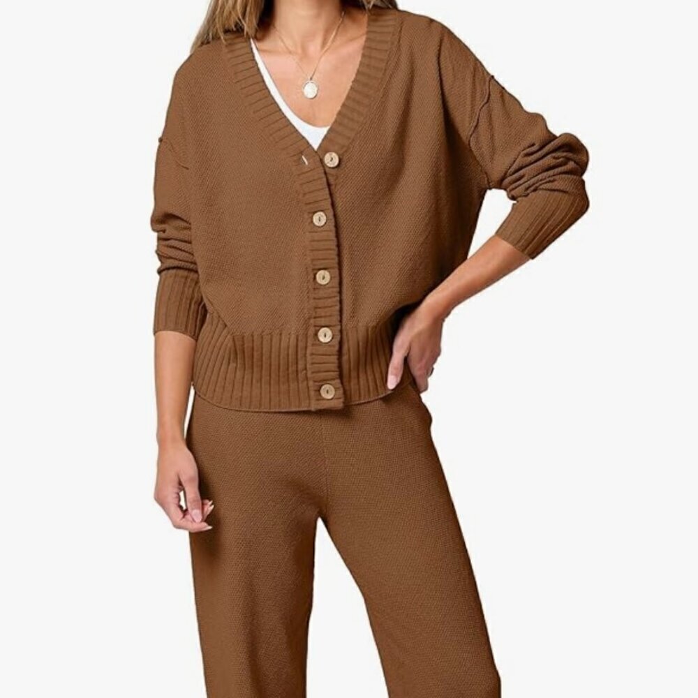 Anrabess Women's Waffle Knit Long Sleeve Cardigan Set Size M Brown NWT
